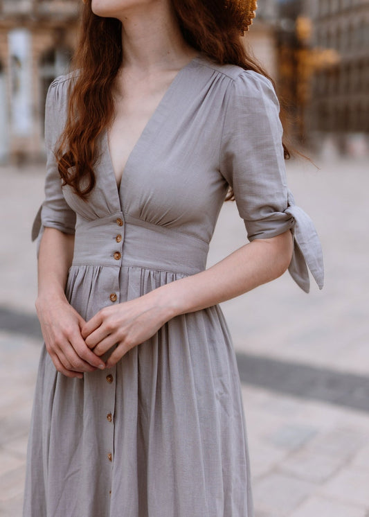 Linen Dress, Deep V neck French Minimalist Cotton-Linen Midi Dress, Womens button front dress, Customized Cottagecore Dress, Ylistyle C2914